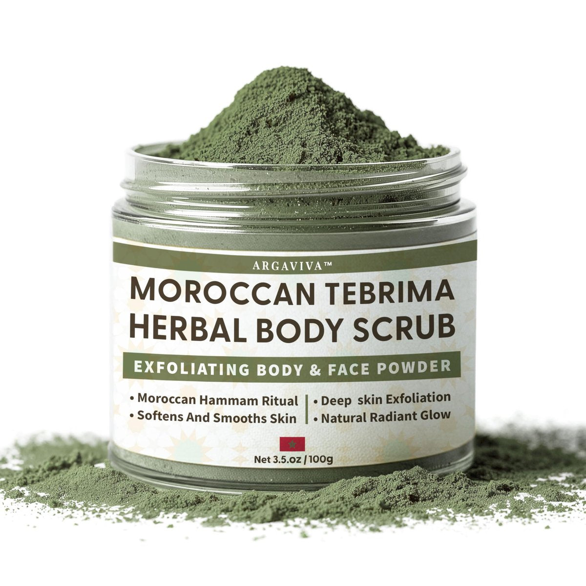 Marokkanisches Tebrima Kräuter-Peeling-Pulver für Körper | Natürliches Peeling für Frauen & Männer, sanftes Bikinizone-Peeling mit Nila, Henna, Rose & weißem Ton für geschmeidige, strahlende Haut