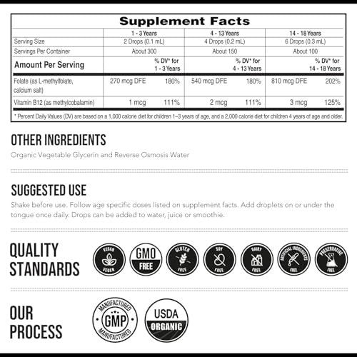 Bioaktives Methylfolat + Methyl-B12 für Kinder – geschmacksneutral, sublingual – 5-MTHF, die überlegene Form von Folat – einstellbare Dosierung für jedes Alter – Stimmung, Verhalten, Kognition – 30 ml