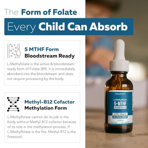Bioaktives Methylfolat + Methyl-B12 für Kinder – geschmacksneutral, sublingual – 5-MTHF, die überlegene Form von Folat – einstellbare Dosierung für jedes Alter – Stimmung, Verhalten, Kognition – 30 ml