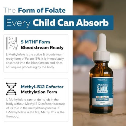 Bioaktives Methylfolat + Methyl-B12 für Kinder – geschmacksneutral, sublingual – 5-MTHF, die überlegene Form von Folat – einstellbare Dosierung für jedes Alter – Stimmung, Verhalten, Kognition – 30 ml