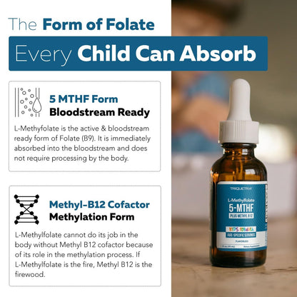 Bioaktives Methylfolat + Methyl-B12 für Kinder – geschmacksneutral, sublingual – 5-MTHF, die überlegene Form von Folat – einstellbare Dosierung für jedes Alter – Stimmung, Verhalten, Kognition – 30 ml