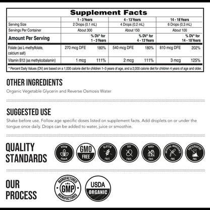Bioaktives Methylfolat + Methyl-B12 für Kinder – geschmacksneutral, sublingual – 5-MTHF, die überlegene Form von Folat – einstellbare Dosierung für jedes Alter – Stimmung, Verhalten, Kognition – 30 ml