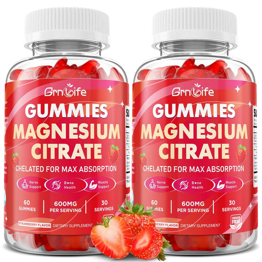 2er-Pack Magnesiumcitrat-Gummis 600mg für Frauen und Männer – Hoch bioverfügbares Magnesiumpräparat für Ruhe, Entspannung und Muskelgesundheit – Vegan, Erdbeergeschmack, 120 Stück