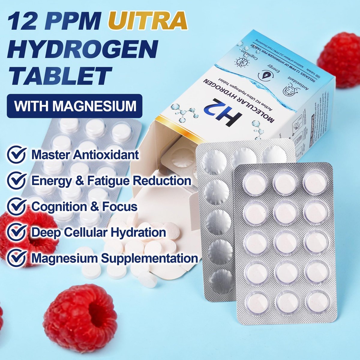 Crobirware Molekulare Wasserstofftabletten (12 PPM) - 90 Stück Hochpotenz H2-Tabletten für Trinkwasser mit Magnesium, Schnell lösliche Wasserstofftabletten für Energie, Fokus & Anti-Aging, Verpackung für unterwegs