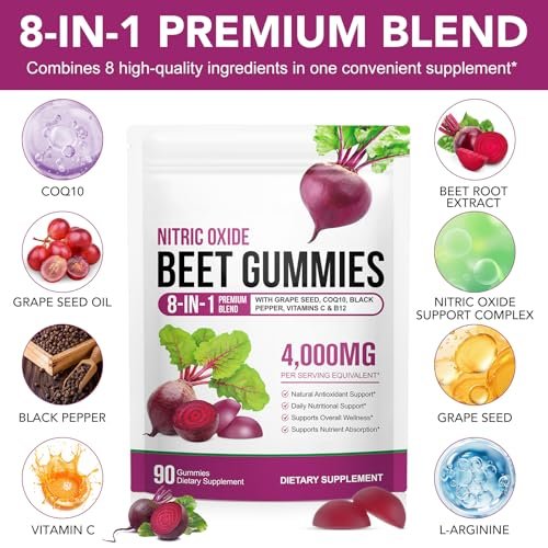 ECHTEYUN Super Rote Bete Gummibärchen, 8-in-1 Rote Bete 4.000 mg mit Traubenkernextrakt & CoQ10, Zuckerfrei - 90 Stück