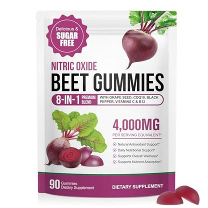 ECHTEYUN Super Rote Bete Gummibärchen, 8-in-1 Rote Bete 4.000 mg mit Traubenkernextrakt & CoQ10, Zuckerfrei - 90 Stück