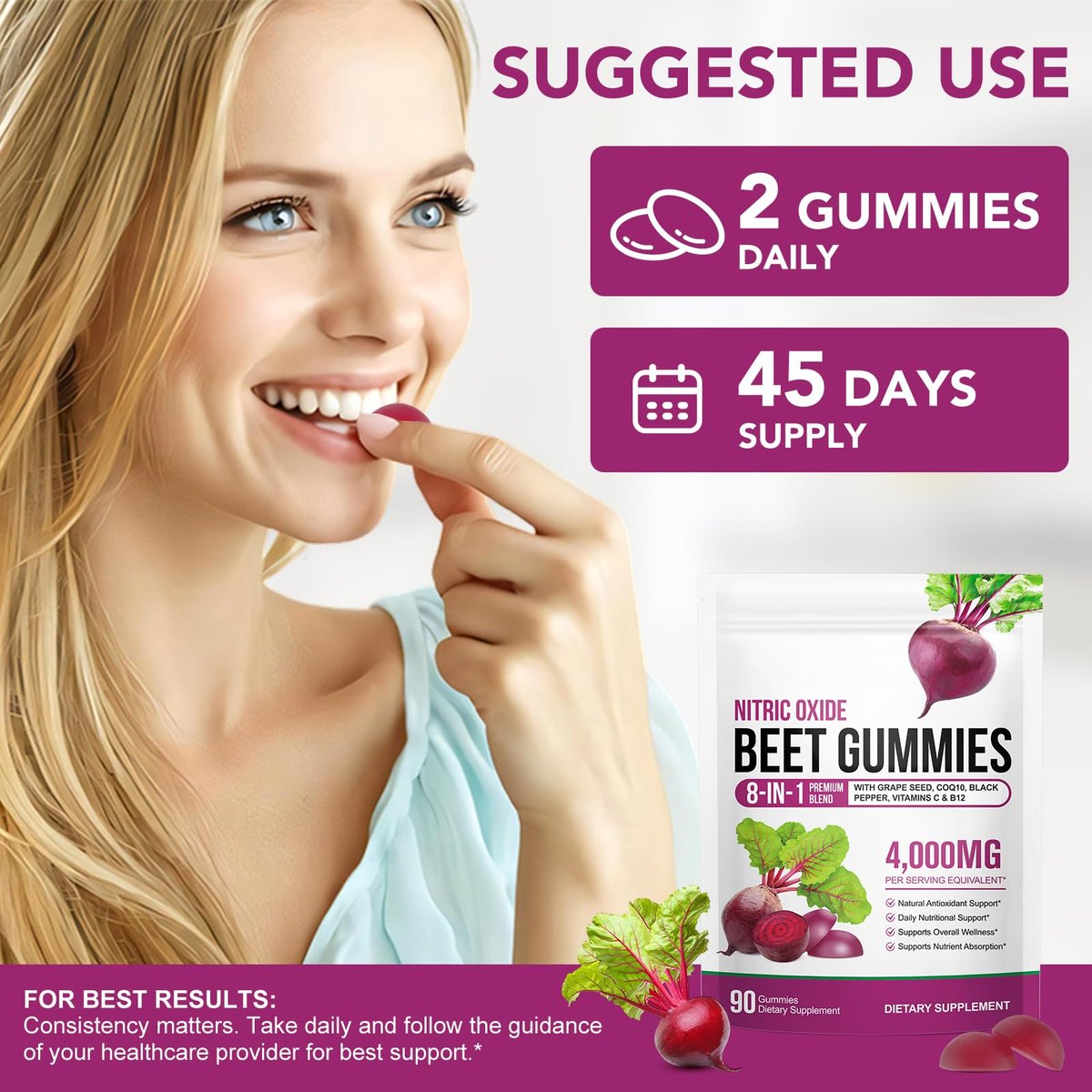 ECHTEYUN Super Rote Bete Gummibärchen, 8-in-1 Rote Bete 4.000 mg mit Traubenkernextrakt & CoQ10, Zuckerfrei - 90 Stück