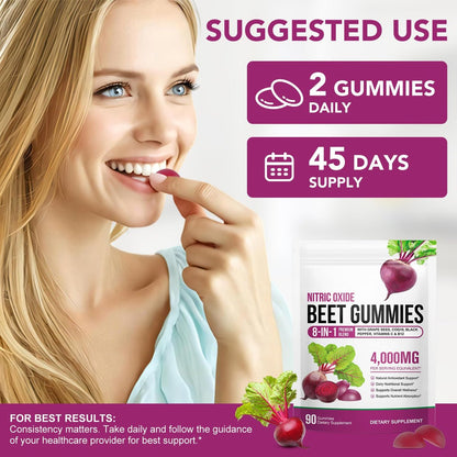 ECHTEYUN Super Rote Bete Gummibärchen, 8-in-1 Rote Bete 4.000 mg mit Traubenkernextrakt & CoQ10, Zuckerfrei - 90 Stück