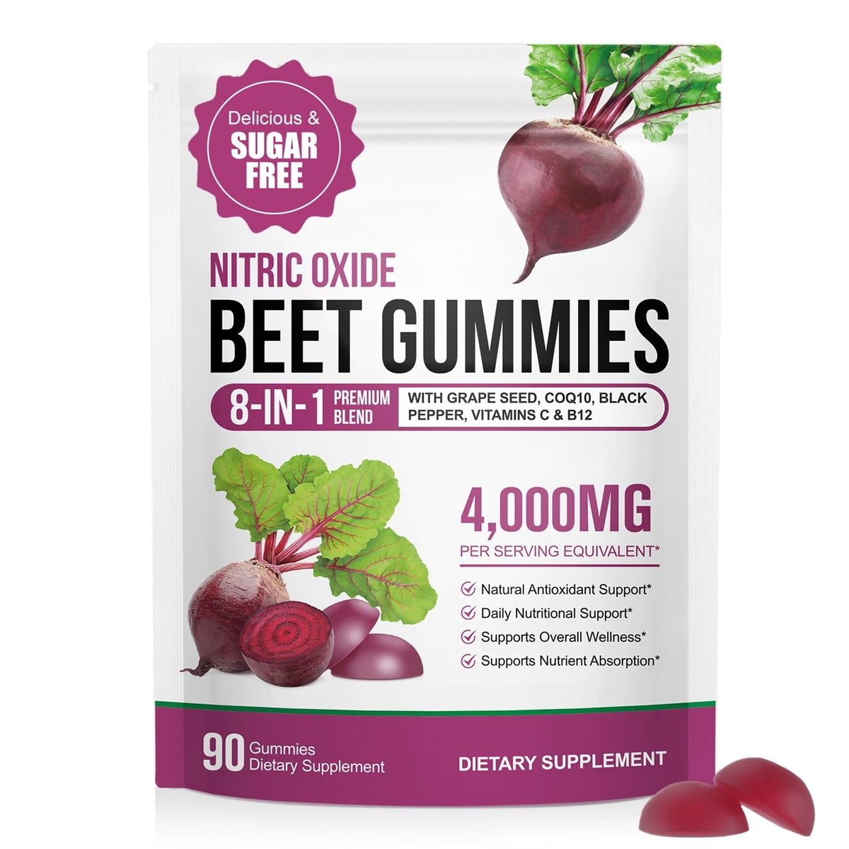 ECHTEYUN Super Rote Bete Gummibärchen, 8-in-1 Rote Bete 4.000 mg mit Traubenkernextrakt & CoQ10, Zuckerfrei - 90 Stück