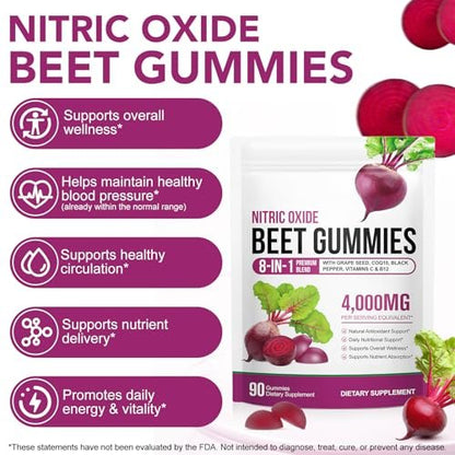 ECHTEYUN Super Rote Bete Gummibärchen, 8-in-1 Rote Bete 4.000 mg mit Traubenkernextrakt & CoQ10, Zuckerfrei - 90 Stück