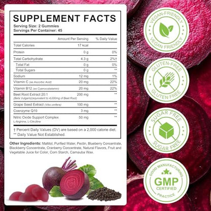 ECHTEYUN Super Rote Bete Gummibärchen, 8-in-1 Rote Bete 4.000 mg mit Traubenkernextrakt & CoQ10, Zuckerfrei - 90 Stück