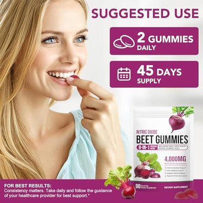 ECHTEYUN Super Rote Bete Gummibärchen, 8-in-1 Rote Bete 4.000 mg mit Traubenkernextrakt & CoQ10, Zuckerfrei - 90 Stück
