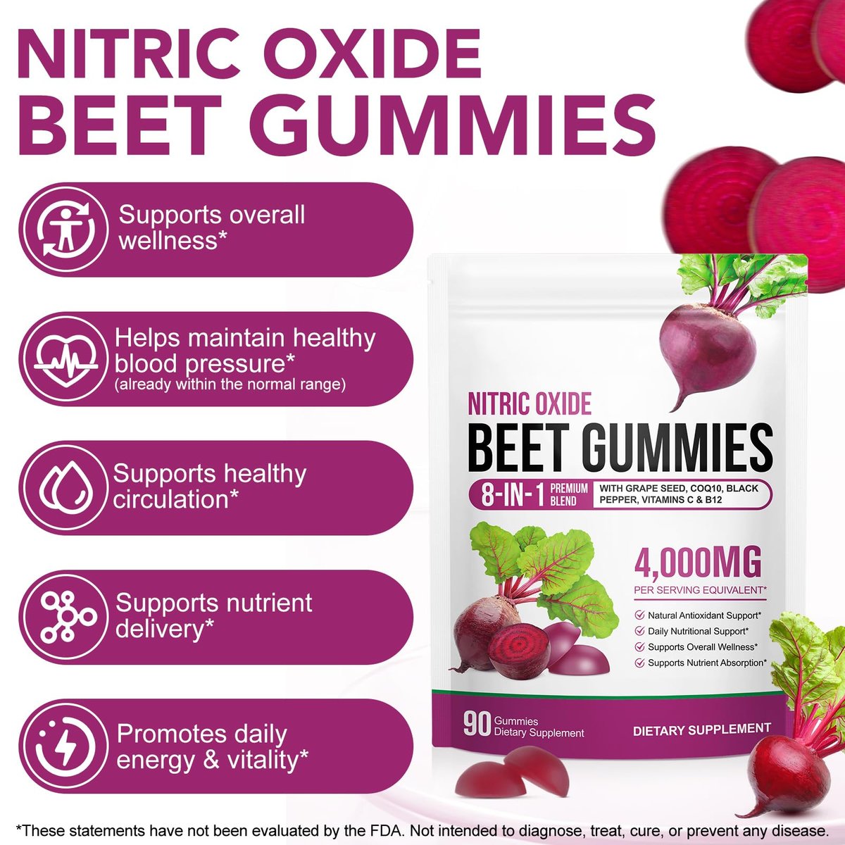 ECHTEYUN Super Rote Bete Gummibärchen, 8-in-1 Rote Bete 4.000 mg mit Traubenkernextrakt & CoQ10, Zuckerfrei - 90 Stück