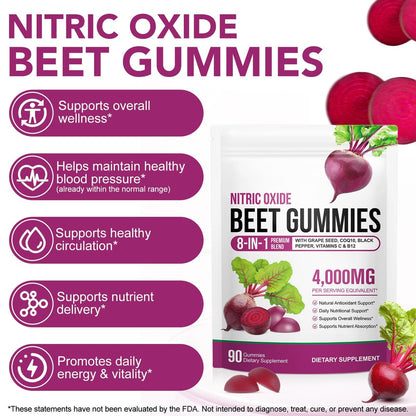 ECHTEYUN Super Rote Bete Gummibärchen, 8-in-1 Rote Bete 4.000 mg mit Traubenkernextrakt & CoQ10, Zuckerfrei - 90 Stück