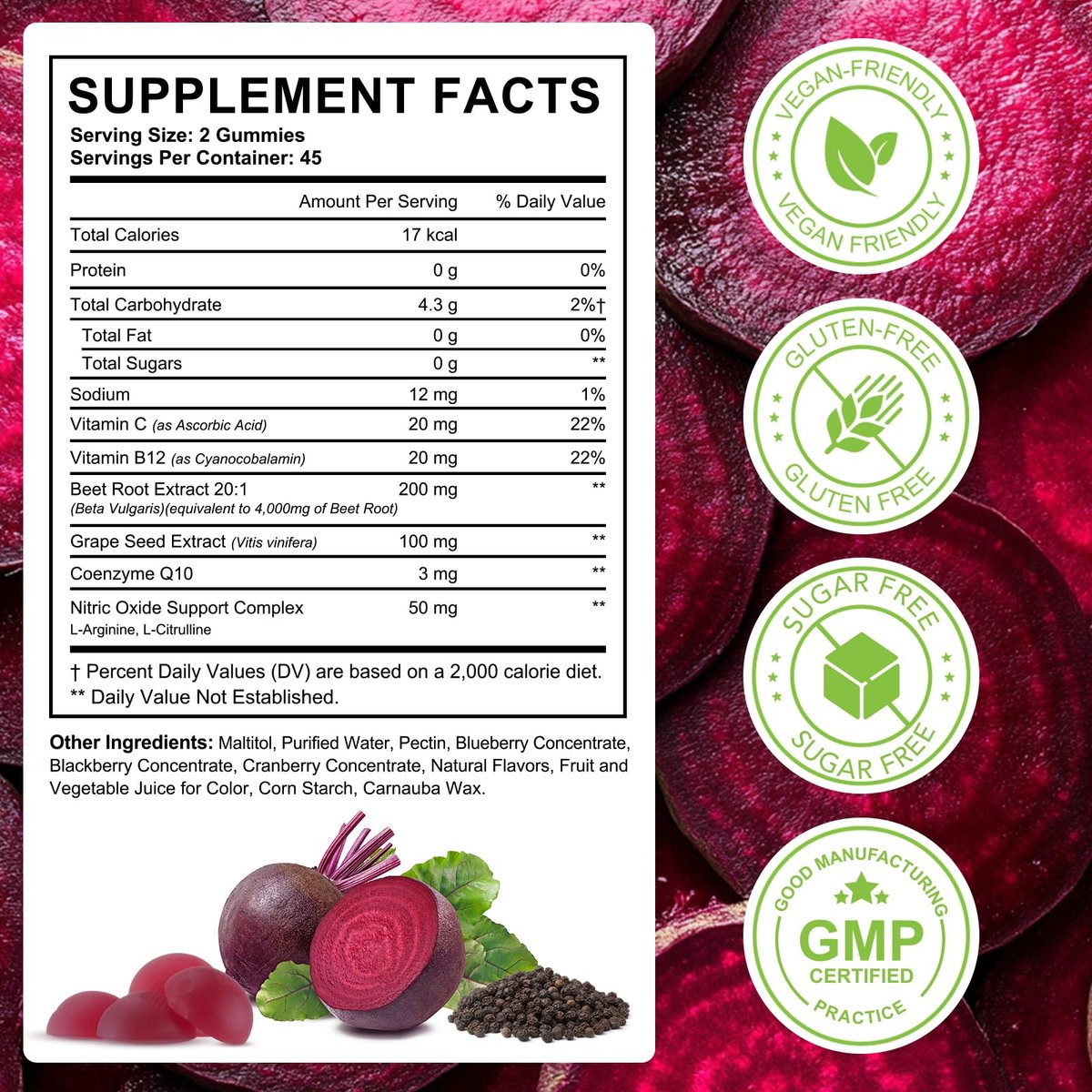 ECHTEYUN Super Rote Bete Gummibärchen, 8-in-1 Rote Bete 4.000 mg mit Traubenkernextrakt & CoQ10, Zuckerfrei - 90 Stück