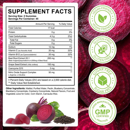ECHTEYUN Super Rote Bete Gummibärchen, 8-in-1 Rote Bete 4.000 mg mit Traubenkernextrakt & CoQ10, Zuckerfrei - 90 Stück