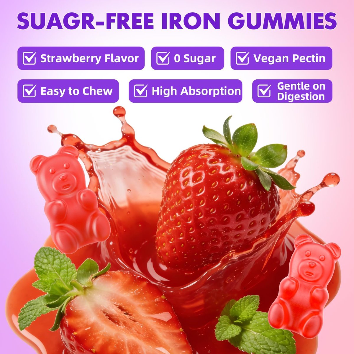 softbear Eisen Gummis für Frauen, Männer & Kinder – Zuckerfrei, Vegan, Erdbeergeschmack – 60 Stück