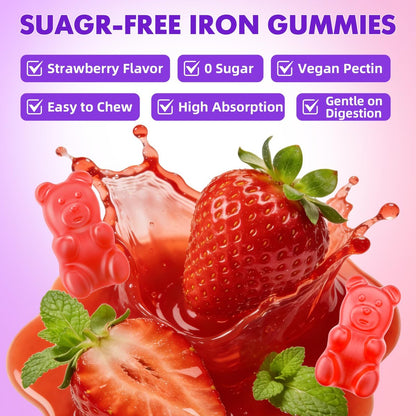 softbear Eisen Gummis für Frauen, Männer & Kinder – Zuckerfrei, Vegan, Erdbeergeschmack – 60 Stück