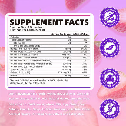 softbear Eisen Gummis für Frauen, Männer & Kinder – Zuckerfrei, Vegan, Erdbeergeschmack – 60 Stück