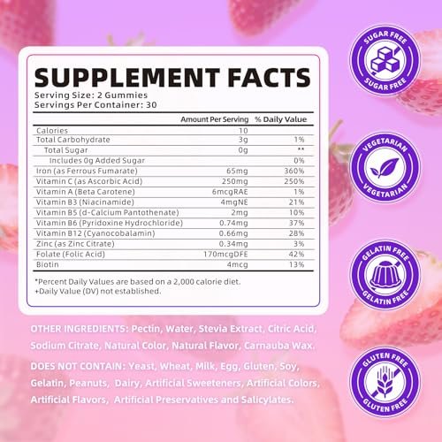 softbear Eisen Gummis für Frauen, Männer & Kinder – Zuckerfrei, Vegan, Erdbeergeschmack – 60 Stück