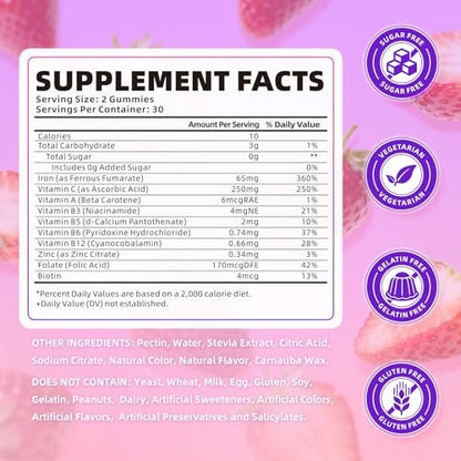 softbear Eisen Gummis für Frauen, Männer & Kinder – Zuckerfrei, Vegan, Erdbeergeschmack – 60 Stück