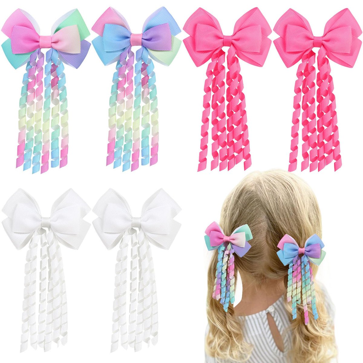 KIDSBETT 6-teilige Haarschleifen für Mädchen, Lockige Haarschleifen, Clip-Ribbon-Barrettes, Alligator-Clips, Haaraccessoires für Mädchen und Kleinkinder