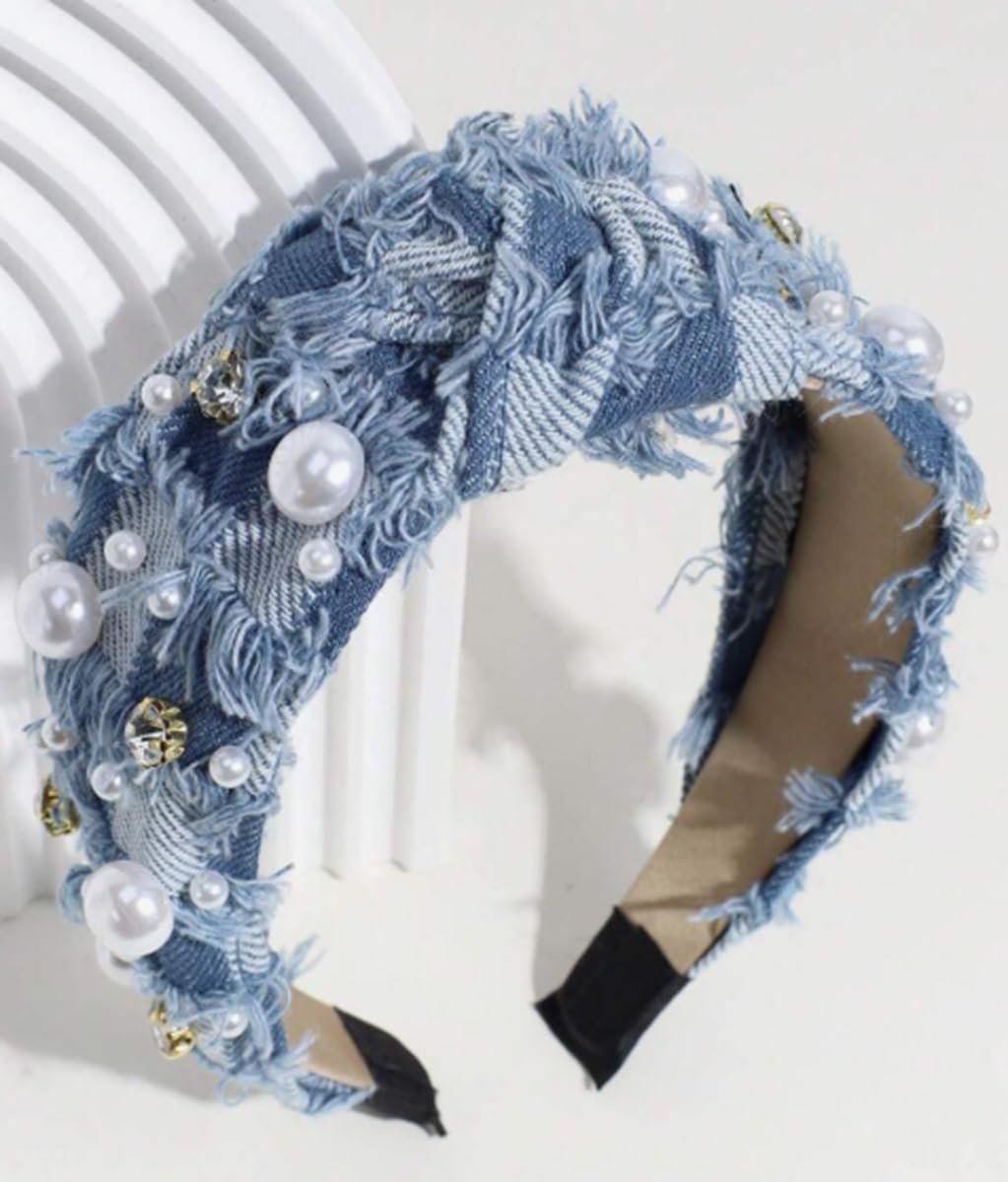 Huachi Haarbänder für Damen – Rutschfeste, trendige Denim-Knoten-Haarbänder mit Perlen, Vintage-Mode-Accessoire