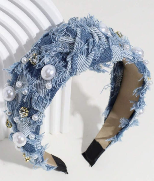 Huachi Haarbänder für Damen – Rutschfeste, trendige Denim-Knoten-Haarbänder mit Perlen, Vintage-Mode-Accessoire