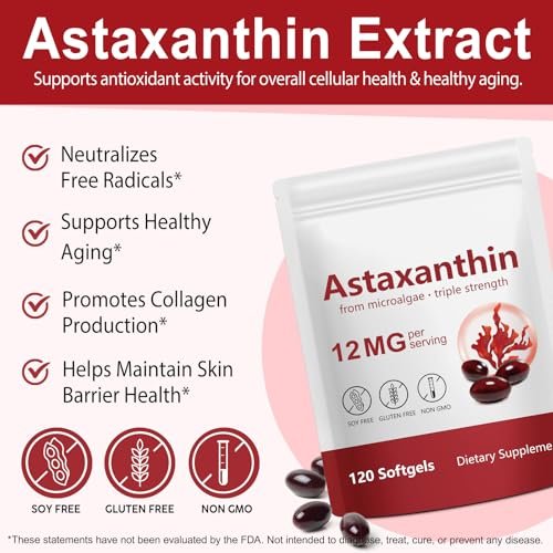 Tiuedu Astaxanthin 12mg, 120 Softgels, 4-Monatsvorrat – Antioxidans für Augen, Gelenke, Durchblutung und Hautgesundheit