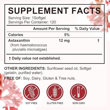 Tiuedu Astaxanthin 12mg, 120 Softgels, 4-Monatsvorrat – Antioxidans für Augen, Gelenke, Durchblutung und Hautgesundheit