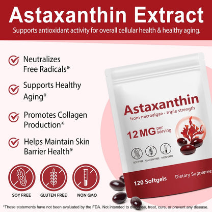 Tiuedu Astaxanthin 12mg, 120 Softgels, 4-Monatsvorrat – Antioxidans für Augen, Gelenke, Durchblutung und Hautgesundheit
