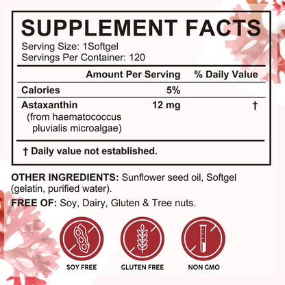 Tiuedu Astaxanthin 12mg, 120 Softgels, 4-Monatsvorrat – Antioxidans für Augen, Gelenke, Durchblutung und Hautgesundheit