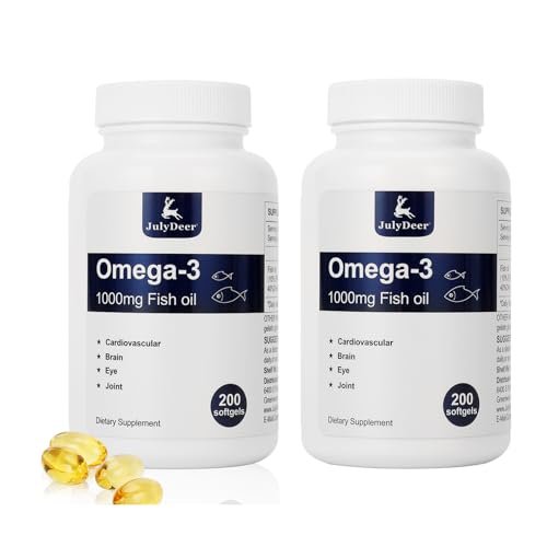 JulyDeer Omega 3 Fischöl Konzentrat 1000 mg, 2 Flaschen mit EPA & DHA, 400 Weichkapseln – Unterstützt Herz, Gelenke, Gehirn und Augen