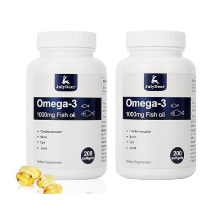 JulyDeer Omega 3 Fischöl Konzentrat 1000 mg, 2 Flaschen mit EPA & DHA, 400 Weichkapseln – Unterstützt Herz, Gelenke, Gehirn und Augen
