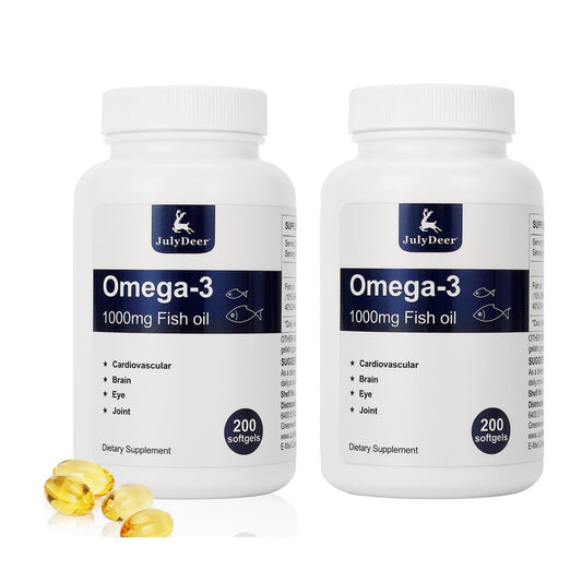 JulyDeer Omega 3 Fischöl Konzentrat 1000 mg, 2 Flaschen mit EPA & DHA, 400 Weichkapseln – Unterstützt Herz, Gelenke, Gehirn und Augen