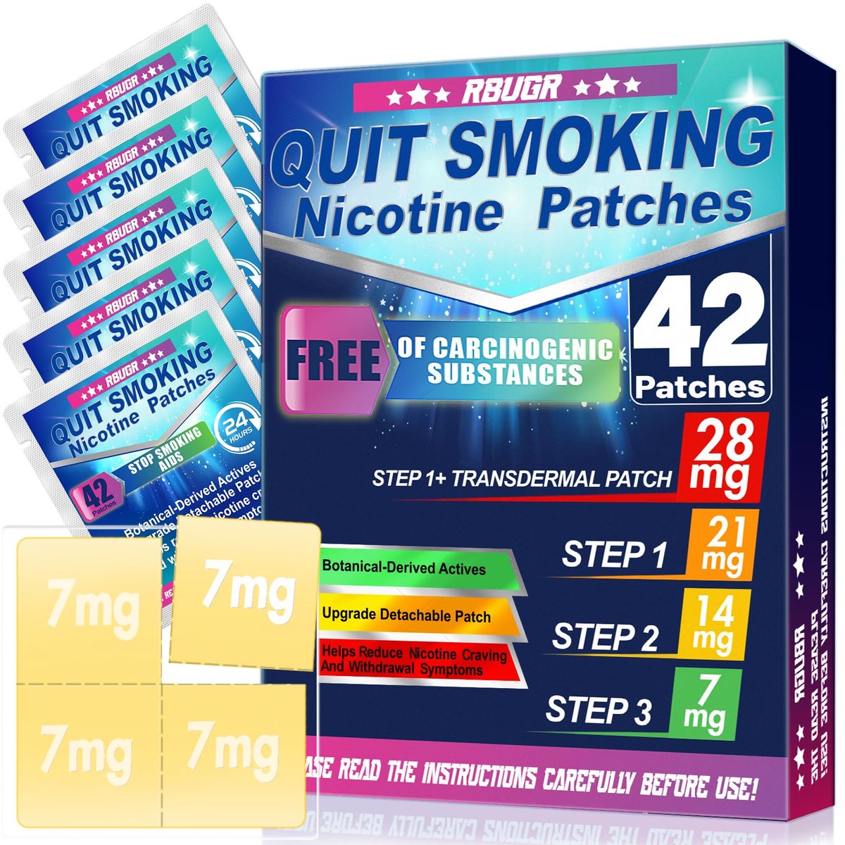 RBUGR Nikotinpflaster 42er Pack - 28 mg Raucherentwöhnungshilfe mit einstellbarer Dosierung (7 mg/14 mg/21 mg) - Raucherentwöhnungspflaster & Absetzprogramm | 24-Stunden-Freisetzung