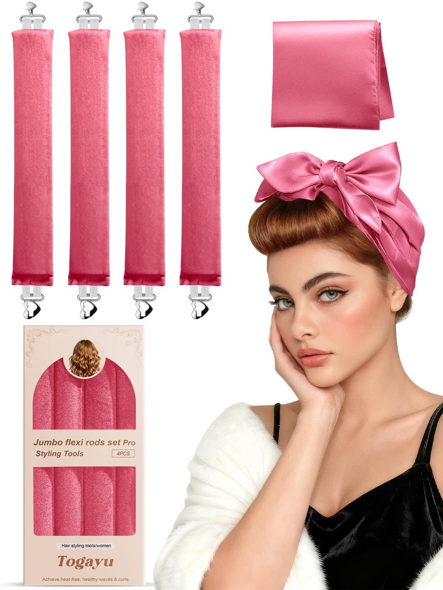 Togayu Heatless Curls Overnight Set – 4-teilige Jumbo-Samt-Haarrollen zum Schlafen, schonende Flexi-Rods für mühelose Locken & Wellen für Frauen