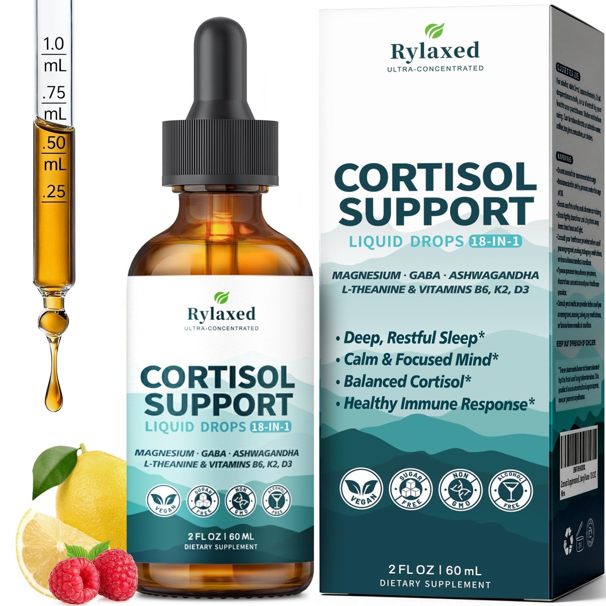 Rylaxed Cortisol Kapseln für Frauen & Männer, 18-in-1 Stress & Stimmung Unterstützung Tropfen mit Magnesium 480mg, GABA, Ashwagandha, L-Theanin & Phosphatidylserin, für Entspannung & Schlaf, Zitrone-Himbeer Geschmack 60ml