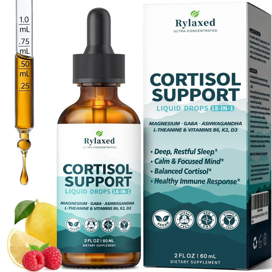 Rylaxed Cortisol Kapseln für Frauen & Männer, 18-in-1 Stress & Stimmung Unterstützung Tropfen mit Magnesium 480mg, GABA, Ashwagandha, L-Theanin & Phosphatidylserin, für Entspannung & Schlaf, Zitrone-Himbeer Geschmack 60ml