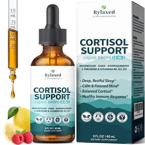Rylaxed Cortisol Kapseln für Frauen & Männer, 18-in-1 Stress & Stimmung Unterstützung Tropfen mit Magnesium 480mg, GABA, Ashwagandha, L-Theanin & Phosphatidylserin, für Entspannung & Schlaf, Zitrone-Himbeer Geschmack 60ml