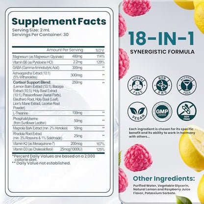 Rylaxed Cortisol Kapseln für Frauen & Männer, 18-in-1 Stress & Stimmung Unterstützung Tropfen mit Magnesium 480mg, GABA, Ashwagandha, L-Theanin & Phosphatidylserin, für Entspannung & Schlaf, Zitrone-Himbeer Geschmack 60ml