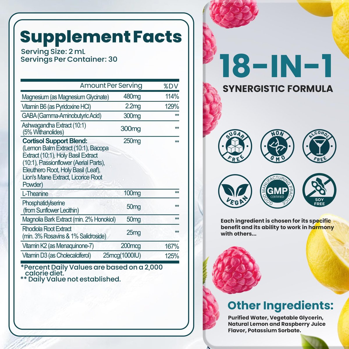 Rylaxed Cortisol Kapseln für Frauen & Männer, 18-in-1 Stress & Stimmung Unterstützung Tropfen mit Magnesium 480mg, GABA, Ashwagandha, L-Theanin & Phosphatidylserin, für Entspannung & Schlaf, Zitrone-Himbeer Geschmack 60ml