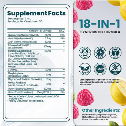 Rylaxed Cortisol Kapseln für Frauen & Männer, 18-in-1 Stress & Stimmung Unterstützung Tropfen mit Magnesium 480mg, GABA, Ashwagandha, L-Theanin & Phosphatidylserin, für Entspannung & Schlaf, Zitrone-Himbeer Geschmack 60ml
