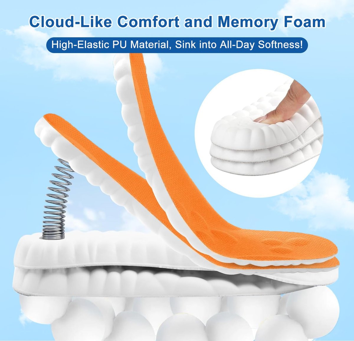 4D Cloud Einlegesohlen für Damen und Herren, Memory-Schaum-Bootseinlagen, bequeme und atmungsaktive Massage-Polster mit Fußgewölbeunterstützung, zuschneidbar für alle Schuharten (1 Paar Orange, Herren 9-10/Damen 11-12)