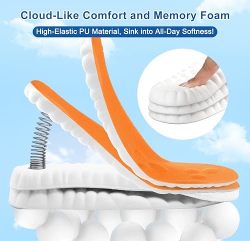 4D Cloud Einlegesohlen für Damen und Herren, Memory-Schaum-Bootseinlagen, bequeme und atmungsaktive Massage-Polster mit Fußgewölbeunterstützung, zuschneidbar für alle Schuharten (1 Paar Orange, Herren 9-10/Damen 11-12)