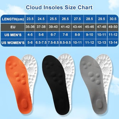 4D Cloud Einlegesohlen für Damen und Herren, Memory-Schaum-Bootseinlagen, bequeme und atmungsaktive Massage-Polster mit Fußgewölbeunterstützung, zuschneidbar für alle Schuharten (1 Paar Orange, Herren 9-10/Damen 11-12)