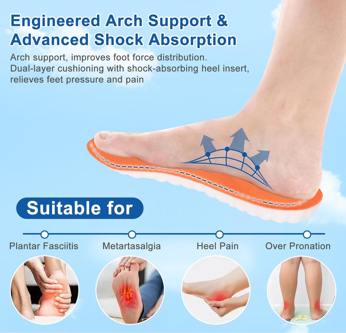 4D Cloud Einlegesohlen für Damen und Herren, Memory-Schaum-Bootseinlagen, bequeme und atmungsaktive Massage-Polster mit Fußgewölbeunterstützung, zuschneidbar für alle Schuharten (1 Paar Orange, Herren 9-10/Damen 11-12)