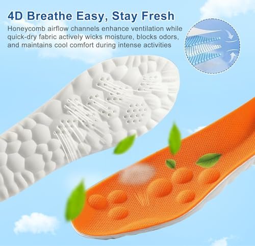 4D Cloud Einlegesohlen für Damen und Herren, Memory-Schaum-Bootseinlagen, bequeme und atmungsaktive Massage-Polster mit Fußgewölbeunterstützung, zuschneidbar für alle Schuharten (1 Paar Orange, Herren 9-10/Damen 11-12)