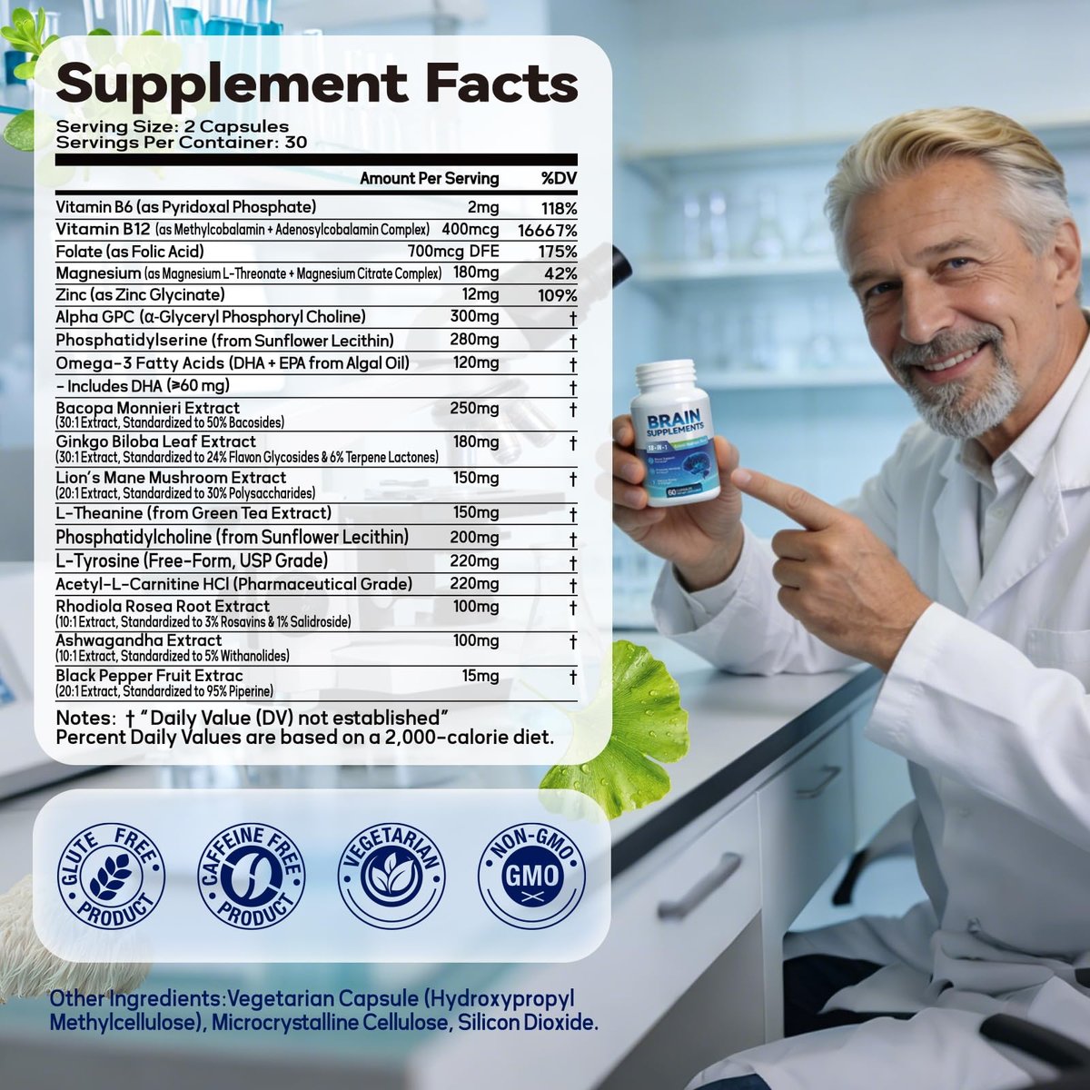 Fenolutra 18-in-1 Gehirn Nahrungsergänzungsmittel für Gedächtnis und Fokus – Nootropika Kapseln mit Alpha GPC, Bacopa, Ginkgo Biloba, Löwenmähne, Vitamin B6 & B12 | Kognitive Gesundheit, Geistige Klarheit | Vegan, Nicht-GVO