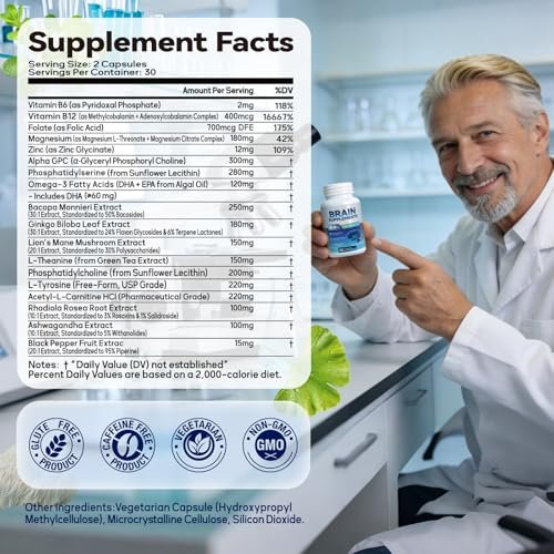 Fenolutra 18-in-1 Gehirn Nahrungsergänzungsmittel für Gedächtnis und Fokus – Nootropika Kapseln mit Alpha GPC, Bacopa, Ginkgo Biloba, Löwenmähne, Vitamin B6 & B12 | Kognitive Gesundheit, Geistige Klarheit | Vegan, Nicht-GVO